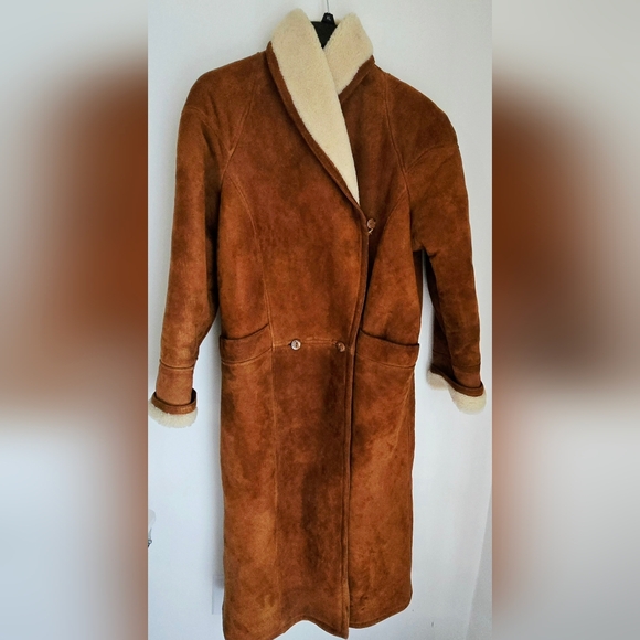 Jackets & Blazers - Dagorret Sienna Brown Suede Leather Shearling Midi Coat Size M-L